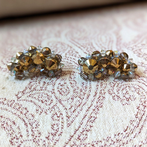 Hobe Gold Beaded AB Aurora Borealis Crystal Crescent Earrings Signed Vintage - Picture 5 of 10